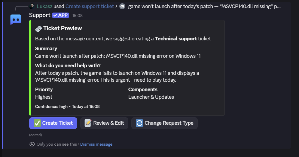 Create ticket from message demo