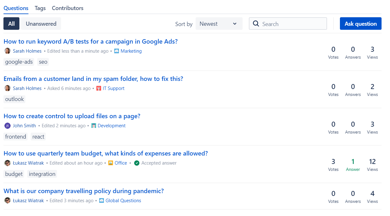 Displaying questions from all spaces screenshot 1
