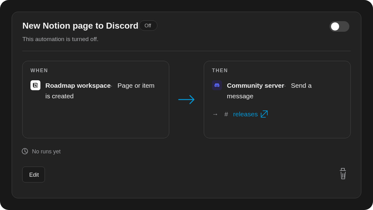 A NotiCord Automation showing its Notion event, Discord action, connected workspace, server, and channel