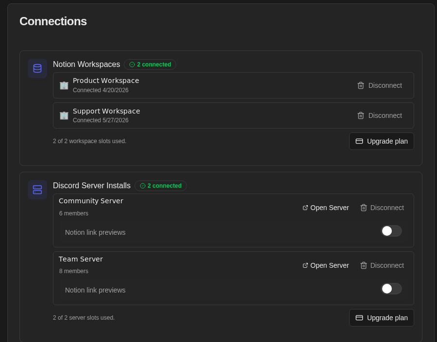 NotiCord settings showing multiple Notion workspaces and Discord servers